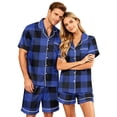 thumbnail image 1 of VV AVEORS Satin Couple Matching Pajamas Sets Short Sleeve Button Down Plaid Silk Pjs Set For Couples Summer Holiday Pajamas Black S, 1 of 5