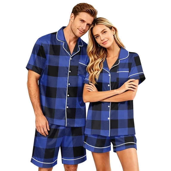 VV AVEORS Satin Couple Matching Pajamas Sets Short Sleeve Button Down Plaid Silk Pjs Set For Couples Summer Holiday Pajamas Black S