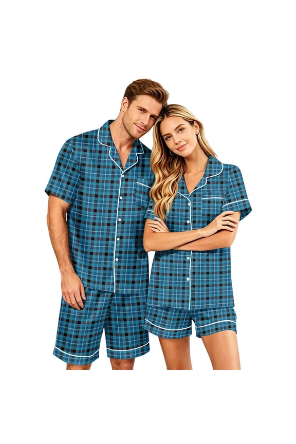 Satin Couple Matching Pajamas Sets Short Sleeve Button Down Plaid Silk Pjs Set For Couples Summer Holiday Pajamas Gray S