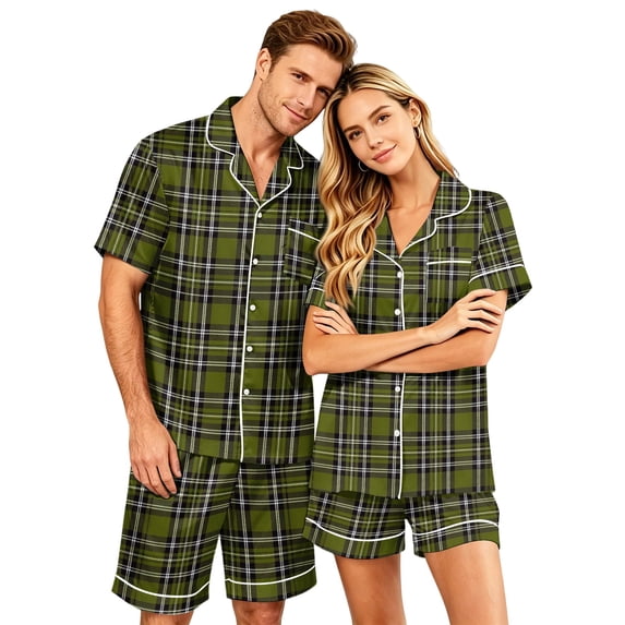 VV AVEORS Satin Couple Matching Pajamas Sets Short Sleeve Button Down Plaid Silk Pjs Set For Couples Summer Holiday Pajamas Green M