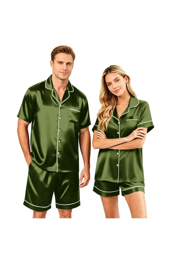 Satin Matching Pajamas For Couples Silk Button Down Pjs Set Women/Men Short Sleeve Soft Sleepwear 2 Pcs Loungewear Dark Green S