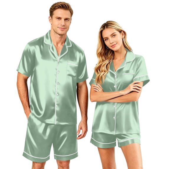 VV AVEORS Satin Matching Pajamas For Couples Silk Button Down Pjs Set Women/Men Short Sleeve Soft Sleepwear 2 Pcs Loungewear Mint Green XL