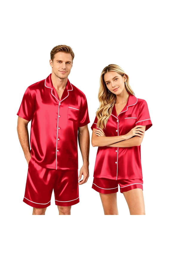 Satin Matching Pajamas For Couples Silk Button Down Pjs Set Women/Men Short Sleeve Soft Sleepwear 2 Pcs Loungewear Red L