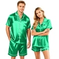 thumbnail image 1 of VV AVEORS Satin Matching Pajamas For Couples Silk Button Down Pjs Set Women/Men Short Sleeve Soft Sleepwear 2 Pcs Loungewears Green XL, 1 of 8