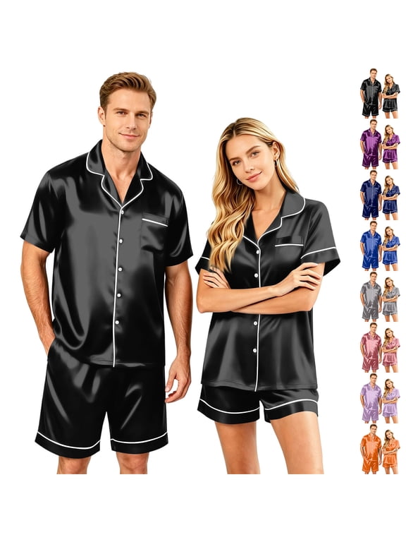 Satin Matching Pajamas Sets Couple Silk Button Down Nightwear Women & Men Short Sleeve Sleepwear 2 Pieces Loungewears Royal Blue XL