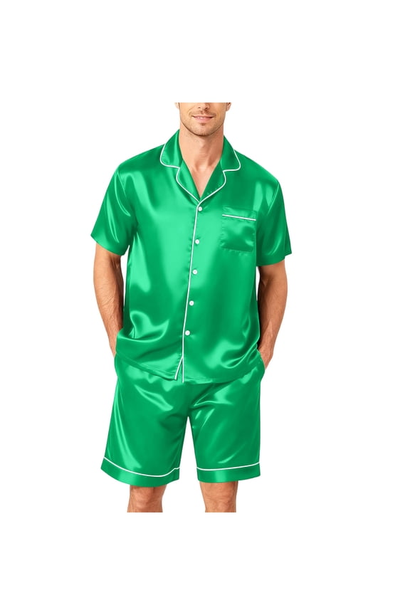 Satin Pajamas For Men Silk Pjs Short Set 2 Piece Button Up Lightweight Lounge Sets Short Sleeve Sleepwear Green 4XL