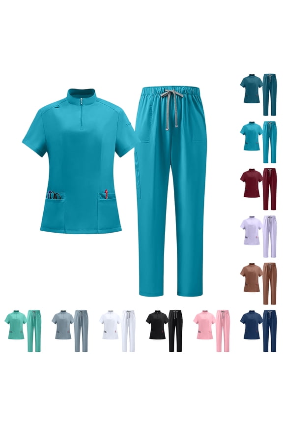 Scrub For Women -Stretch Collar Neck 1/4 Zip Scrub Top & Yogga Cargo Pants Quick Drying Work Nursing Uniforms Gray L