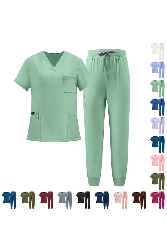 Scrub Sets For Woman 2026 Essential Jogger Scrub Set Nursing Uniform Stretch V-Neck Top & Drawstring Cargo Pants Purple S