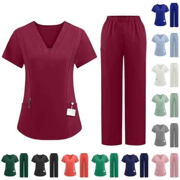 VV AVEORS Scrub Suit Set For Women Modern V-Neck Top & Tapered Leg Cargo Pants Medical Nursing Uniforms Set White L