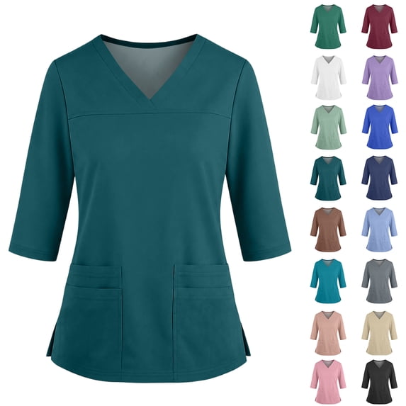 VV AVEORS Scrub Tops Women Plus Size Stretchy V-Neck Scrub Shirts Breathable 3/4 Sleeve Medical Nursing Uniforms Light Brown XL