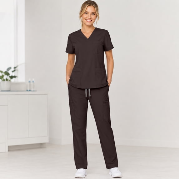 VV AVEORS Scrubs For Women Set Medical Uniform Stretch Short Sleeve Vneck Top & Straight Leg Pants With Mutli Pockets Coffee S