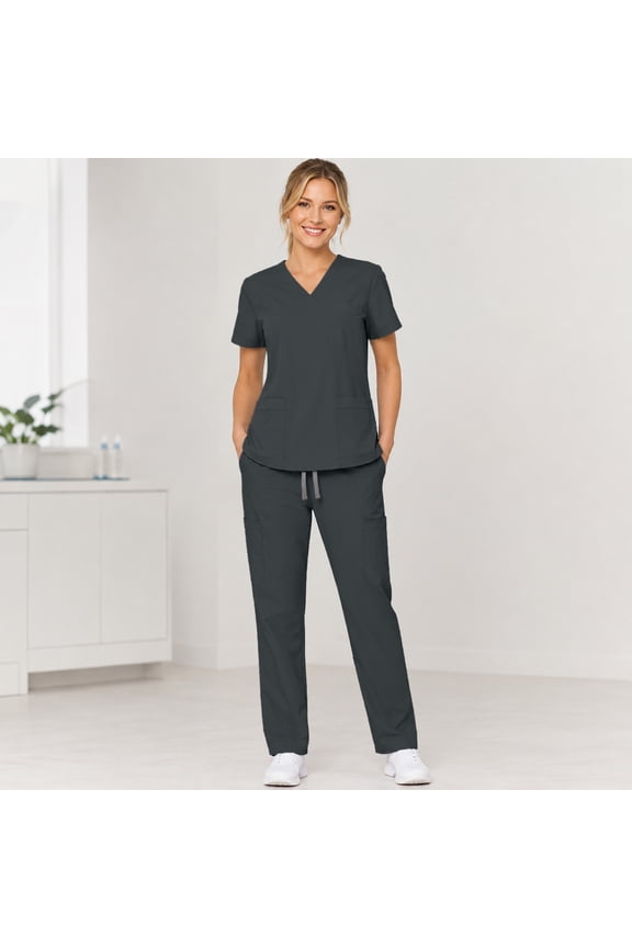 Scrubs For Women Set Medical Uniform Stretch Short Sleeve Vneck Top & Straight Leg Pants With Mutli Pockets Gray M