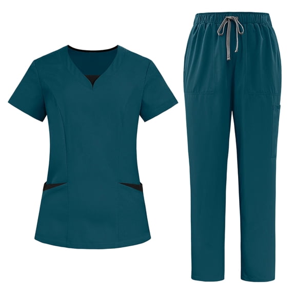 VV AVEORS Scrubs For Women Set Medical Uniform - V-Neck Top & Straight Leg Pants With Cargo Pockets, Unisex Workwear Dark Blue 2XL