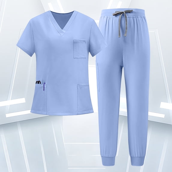 VV AVEORS Scrubs For Women Set Stretch V-Neck Scrub Tops Jogger Pant Nursing Uniforms Scrubs Sets Breathable Casual Outfits Light Blue 2XL