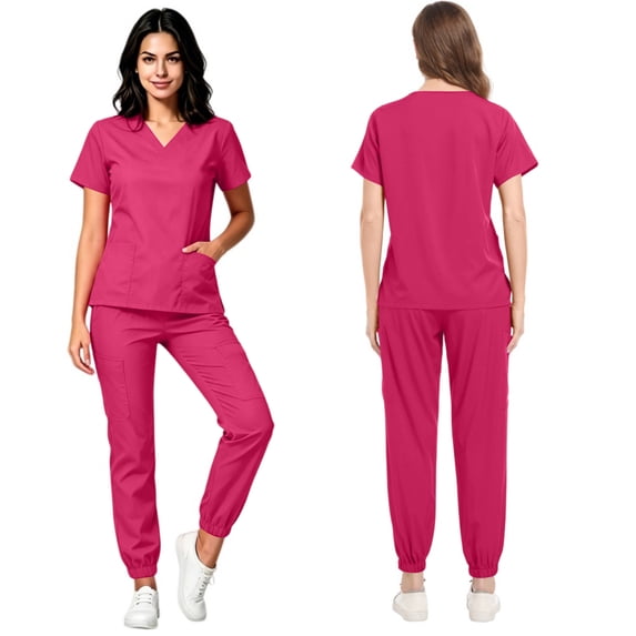 VV AVEORS Scrubs For Women Set Stretch V-Neck Top & Jogger Pants Multi Pockets Soft Breathable Moisture-Wicking For All-Day Comfort Hot Pink M