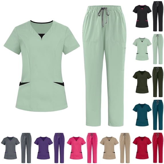 VV AVEORS Scrubs For Women Set Stretch V-Neck Top & Jogger Pants With Drawstring Medical Nursing Uniforms Set With Pockets Black 2XL