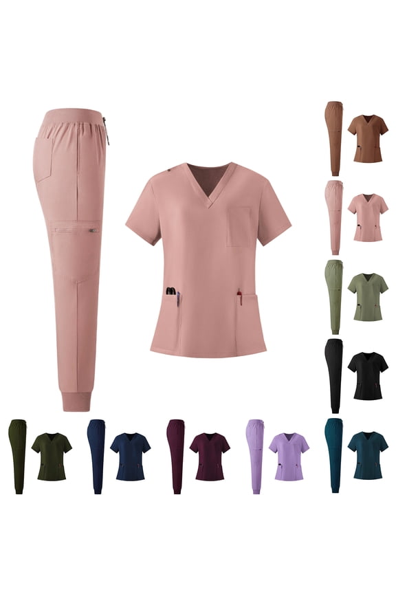 Scrubs For Women Set, V-Neck Top & Cargo Pants With Multi-Pockets Soft Stretch Workwear Medical Scrubs Female Nurse Uniform Dark Blue M
