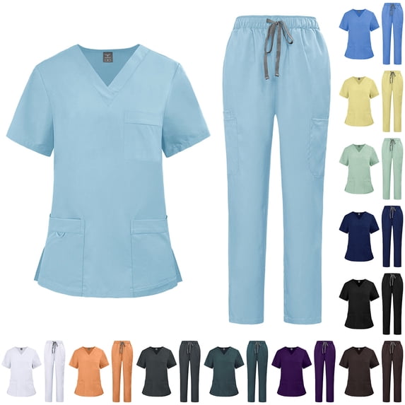 VV AVEORS Scrubs For Women Set V-Neck Workwear Top And Cargo Pants Medical Scrubs Female Nurse Uniform Black L