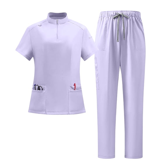 VV AVEORS Scrubs For Women Set-Zipper Collar Top & Drawstring Straight Pants Scrubs Set Medical Nursing Uniforms Light Purple L