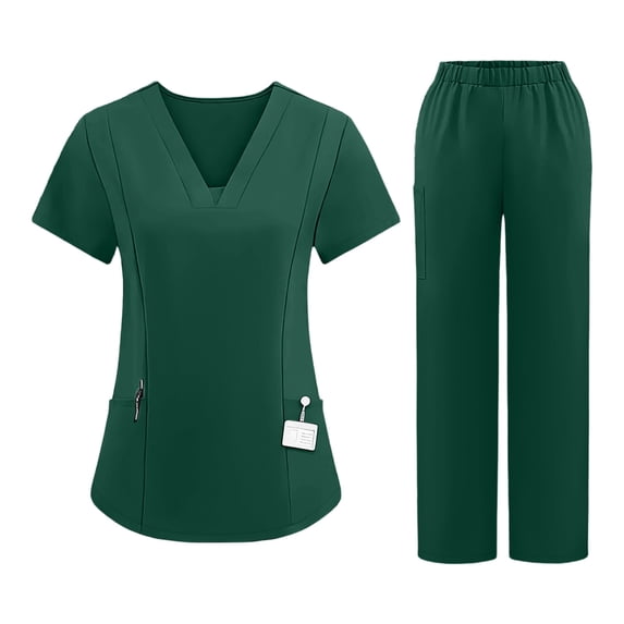 VV AVEORS Scrubs Set For Women Medical Uniform–Stretch V-Neck Top & Straight Leg Pants With Multi-Pockets For Nurse Workwear Dark Green 2XL