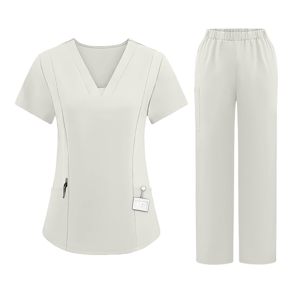 VV AVEORS Scrubs Set For Women Medical Uniform–Stretch V-Neck Top & Straight Leg Pants With Multi-Pockets For Nurse Workwear White XL
