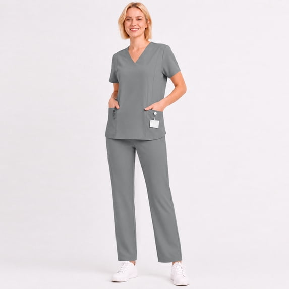 VV AVEORS Scrubs Set For Women, V-Neck Scrubs Top & Cargo Pants With Cargo Pockets, Yoga Waistband, 4 Way Stretch Gray M