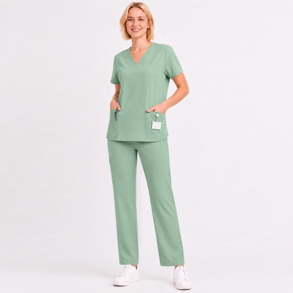 VV AVEORS Scrubs Set For Women, V-Neck Scrubs Top & Cargo Pants With Cargo Pockets, Yoga Waistband, 4 Way Stretch Light Green 2XL