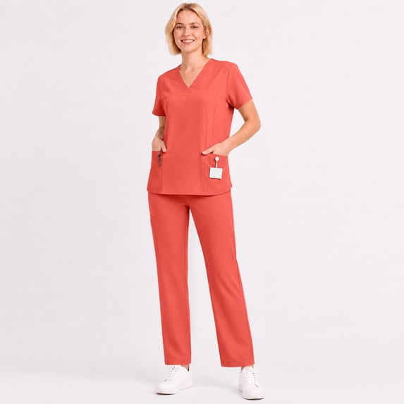 VV AVEORS Scrubs Set For Women, V-Neck Scrubs Top & Cargo Pants With Cargo Pockets, Yoga Waistband, 4 Way Stretch Red L