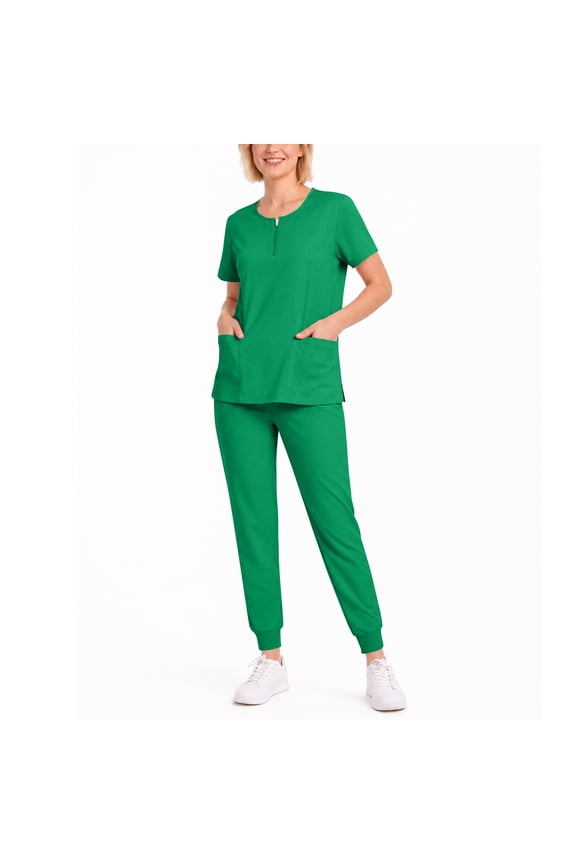 Scrubs Set Multiple Pockets 1/4 Zip V-Neck Top And Jogger Scrub Pant Nurse Quick Drying - Medical Uniform Women Scrub Set Green S