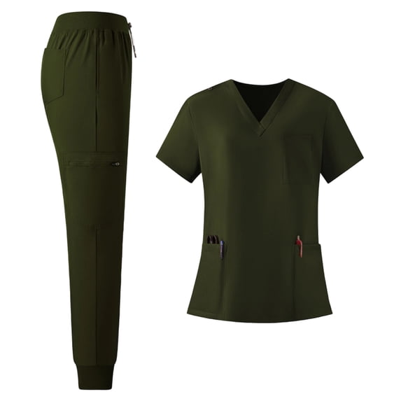 VV AVEORS Scrubs For Women Set Stretch V-Neck Scrub Top & Jogger Pant - Quick Dry Nurse Uniforms Set With Multi Pockets All-Day Comfort Army Green 2XL