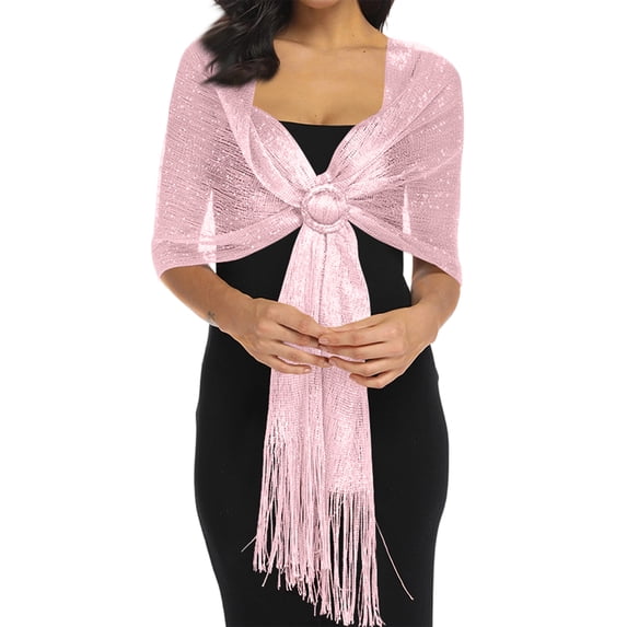 VV AVEORS Sparkling Metallic Shawls And Wraps Bling Sparkly Shiny Scarves Sheer Stole For Evening Wedding Dresses With Tassel Pink