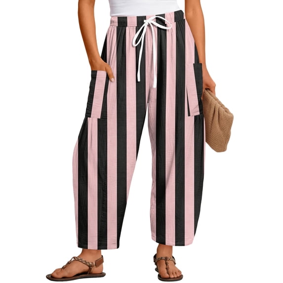 VV AVEORS Striped Linen Pants Women Baggy Casual Barrel Leg Pants Polka Dots Elastic Waist Wide Leg Trousers With Pockets Light pink M