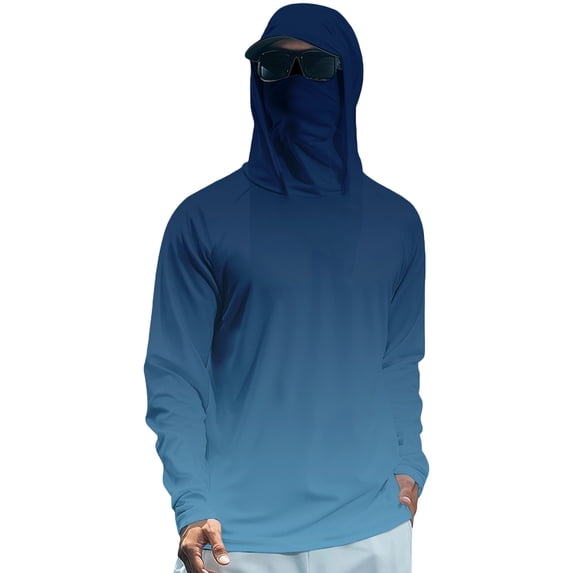 VV AVEORS Sun Protection Fishing Shirts For Men Long Sleeve Gradient Hiking Hoodie With Face Cover Summer Rash Guard Blue 2XL