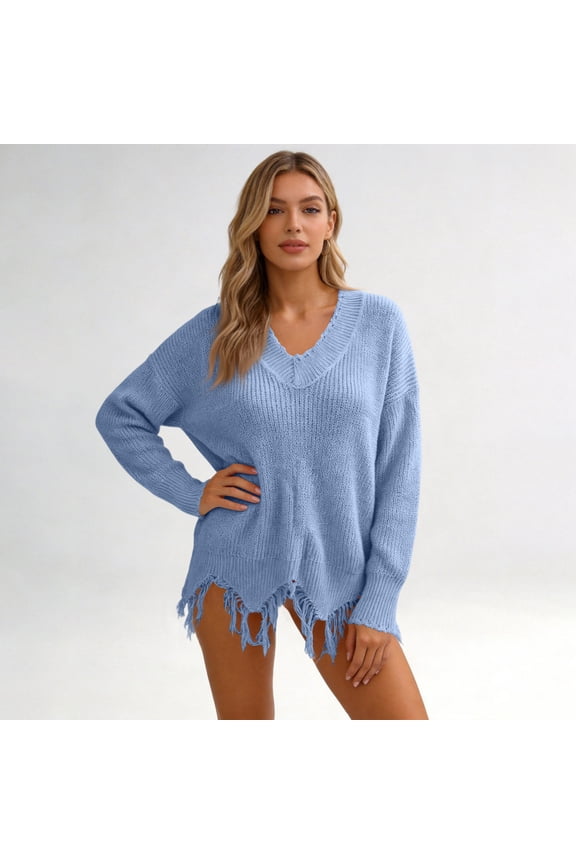 Sweaters For Women Off Shoulder V Neck Knitted Knit Ripped Loose Long Sleeve Base Winter Fall Crop Sweater Top Light Blue M