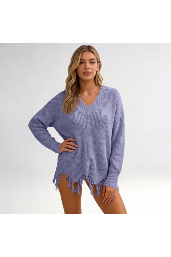 Sweaters For Women Off Shoulder V Neck Knitted Knit Ripped Loose Long Sleeve Base Winter Fall Crop Sweater Top Light Purple S
