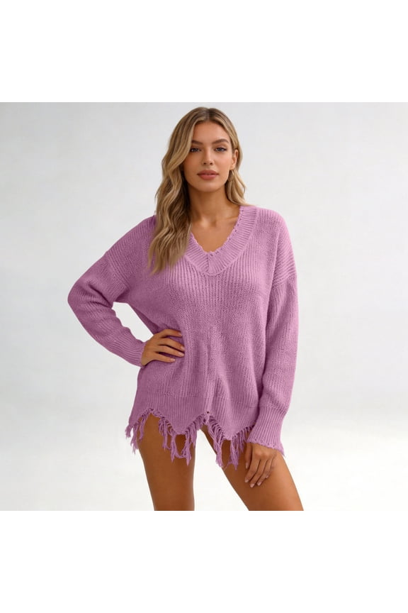 Sweaters For Women Off Shoulder V Neck Knitted Knit Ripped Loose Long Sleeve Base Winter Fall Crop Sweater Top Watermelon Red M