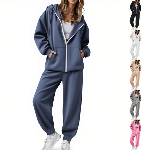 VV AVEORS Sweatsuits Women 2 Piece Outfit Sweat Set 2026 Fall Winter Full Zip Hooded Jacket Elastic Drawstring Jogger Pants Outfit Black XL
