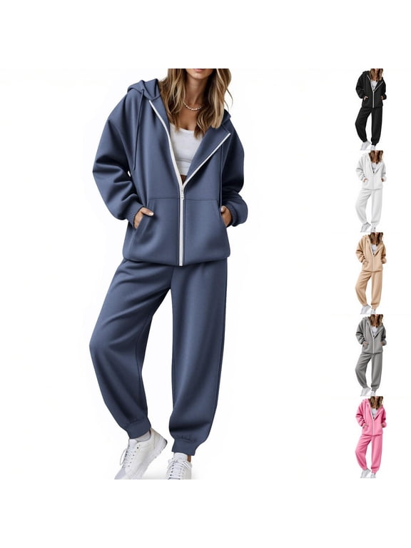 Sweatsuits Women 2 Piece Outfit Sweat Set 2026 Fall Winter Full Zip Hooded Jacket Elastic Drawstring Jogger Pants Outfit Gray 2XL