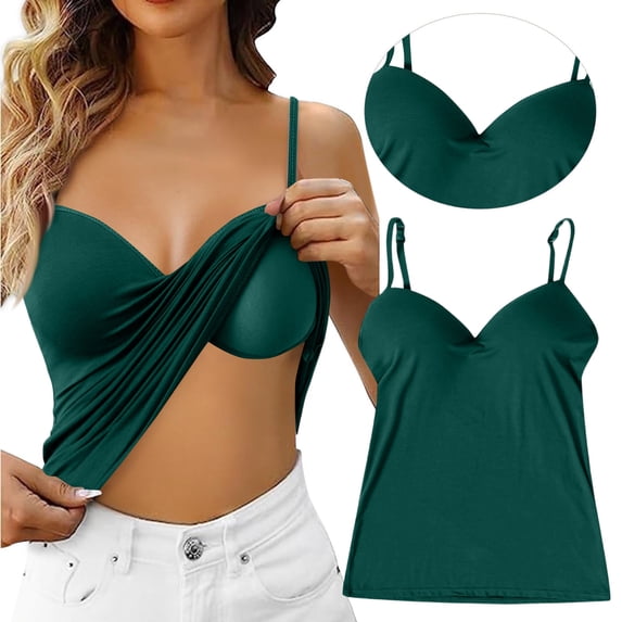 VV AVEORS Tank Tops For Women Adjustable Spaghetti Strap V Neck Undershirt Built In Bra Plus Size Basic Going Out Casual Camisole Tops Dark Green XL
