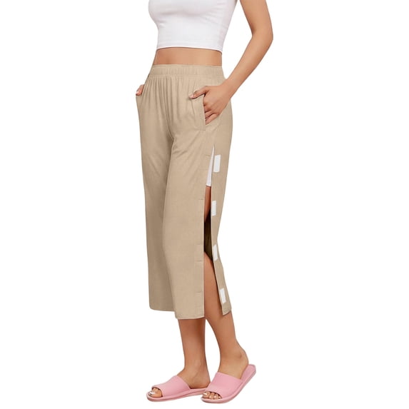 VV AVEORS Tear Away Capris Sweatpants For Women Breakaway Wide Leg Knee Ankle Replacement Adaptive Pant Khaki S