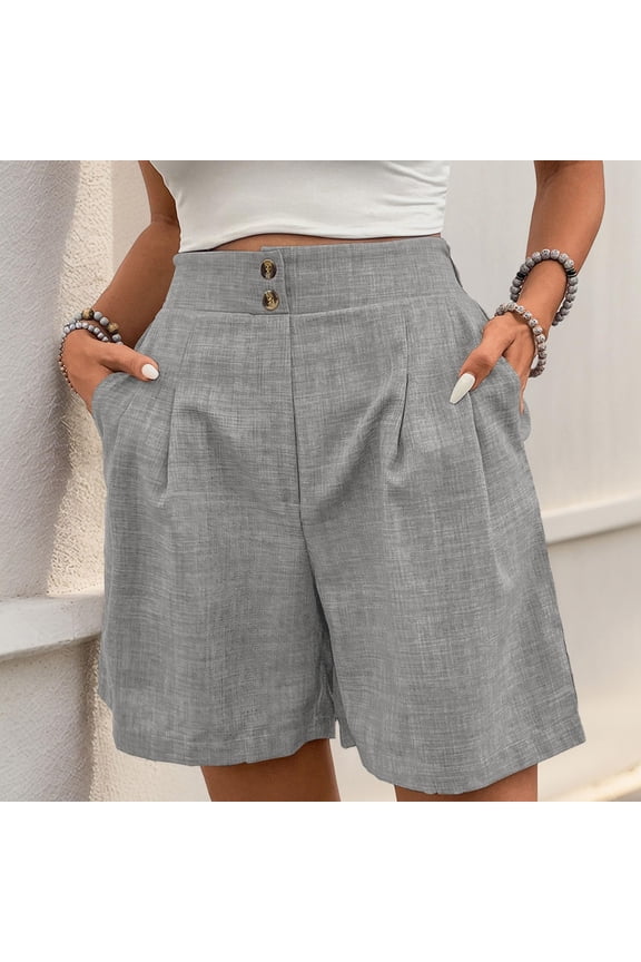 Trouser Shorts For Women High Waisted Business Dressy Casual Work Elegant Short Wide Leg Button Down Bottoms With Pockets Light Gray XL