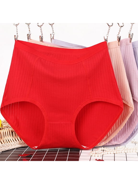 Tummy Control Underwear For Women High Waisted Ribbed Full Coverage Cotton Briefs Soft Comfort Ladies Panties Red 3XL