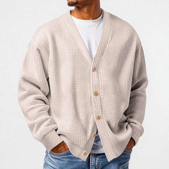 VV AVEORS Waffle Cardigan Sweaters For Men Casual Button Down Long Sleeve Cardigans Lightweight V Neck Cable Knit Loose Sweater Beige 4XL