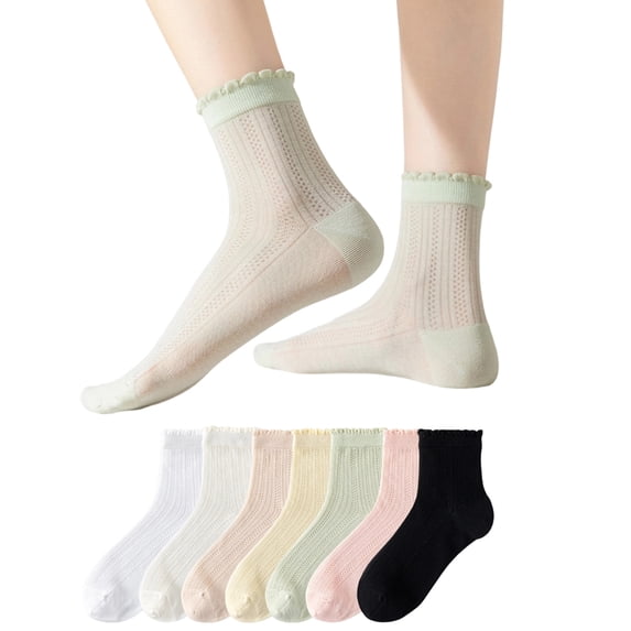 VV AVEORS White Ruffle Socks For Women, Cute Frilly Sheer Lace Socks Thin Breathable, Mesh Ankle Socks For Loafers, Mary & Flats Beige One Size
