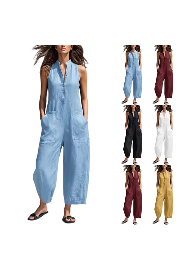 Wide Leg Jumpsuits For Women Sleeveless Half Button Up Stand Collared Linen Jumpsuits Loose Casual Long Overall With Pockets Wine M