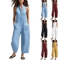 thumbnail image 1 of VV AVEORS Wide Leg Jumpsuits For Women Sleeveless Half Button Up Stand Collared Linen Jumpsuits Loose Casual Long Overall With Pockets Yellow L, 1 of 8