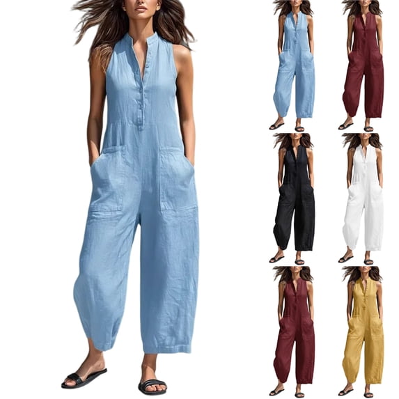 VV AVEORS Wide Leg Jumpsuits For Women Sleeveless Half Button Up Stand Collared Linen Jumpsuits Loose Casual Long Overall With Pockets Yellow L