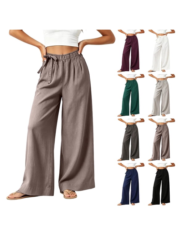 Wide Leg Linen Pants For Women With Adjustable Side Drawstring 2026 Summer Flowy Lounge Pant Loose Fit Lightweight Trousers Army Green L