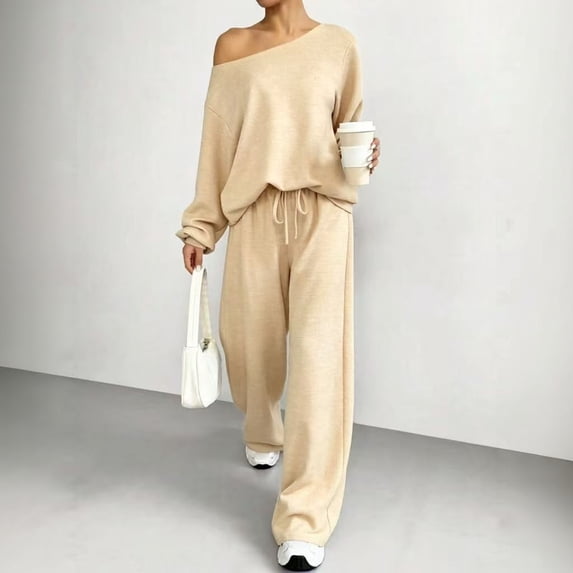 VV AVEORS Women 2 Piece Lounge Matching Set Off Shoulder Knit Sweatshirt Wide Leg Sweatpant Airport Fall Winter Outfits Beige M