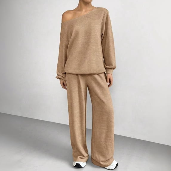 VV AVEORS Women 2 Piece Lounge Matching Set Off Shoulder Knit Sweatshirt Wide Leg Sweatpant Airport Fall Winter Outfits Camel M